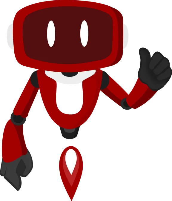 Apolinho, o mascote robô da Apolum, flutuando e fazendo sinal de positivo